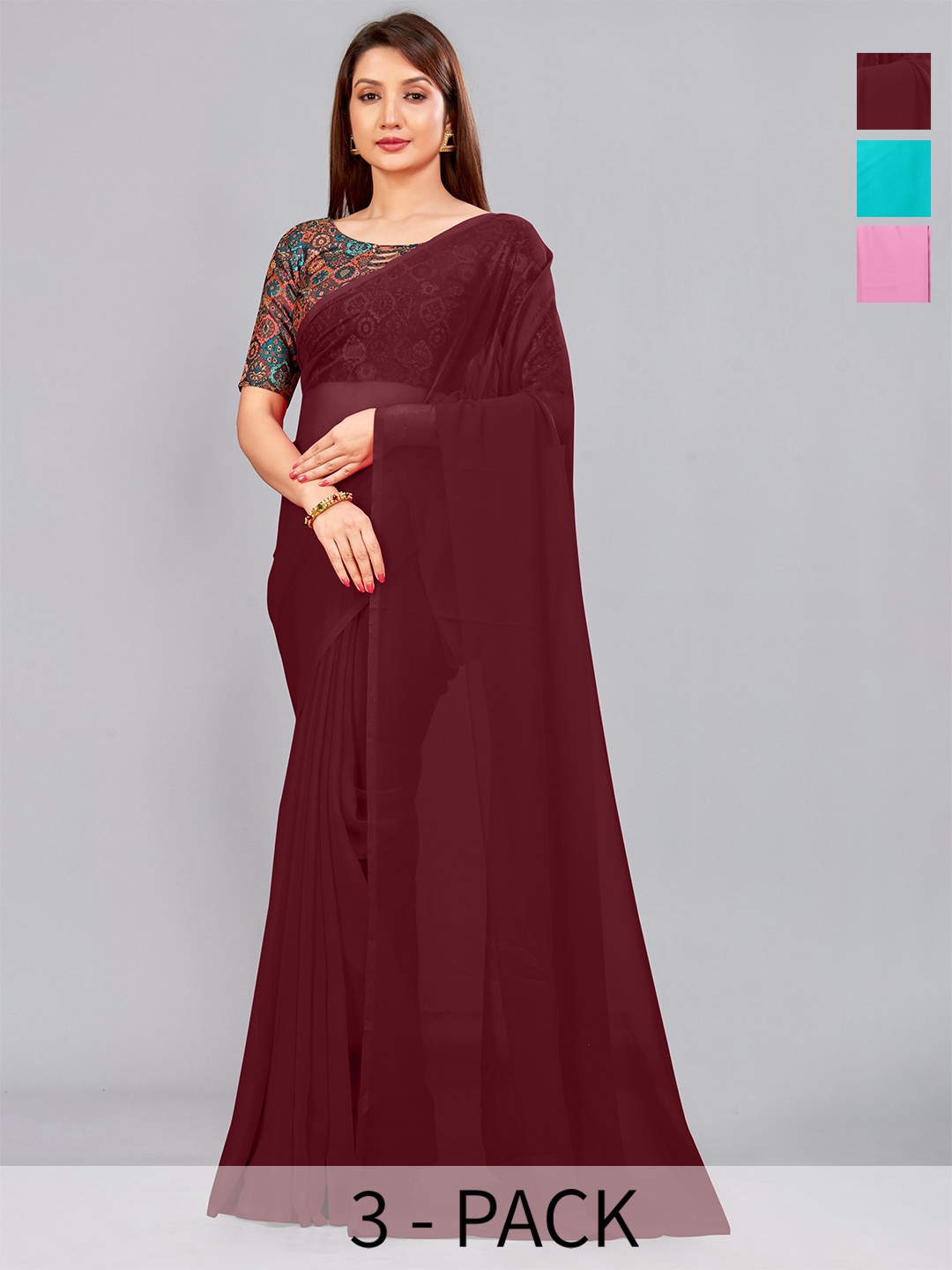 

CastilloFab Selection Of 3 Pure Georgette Sarees, Maroon