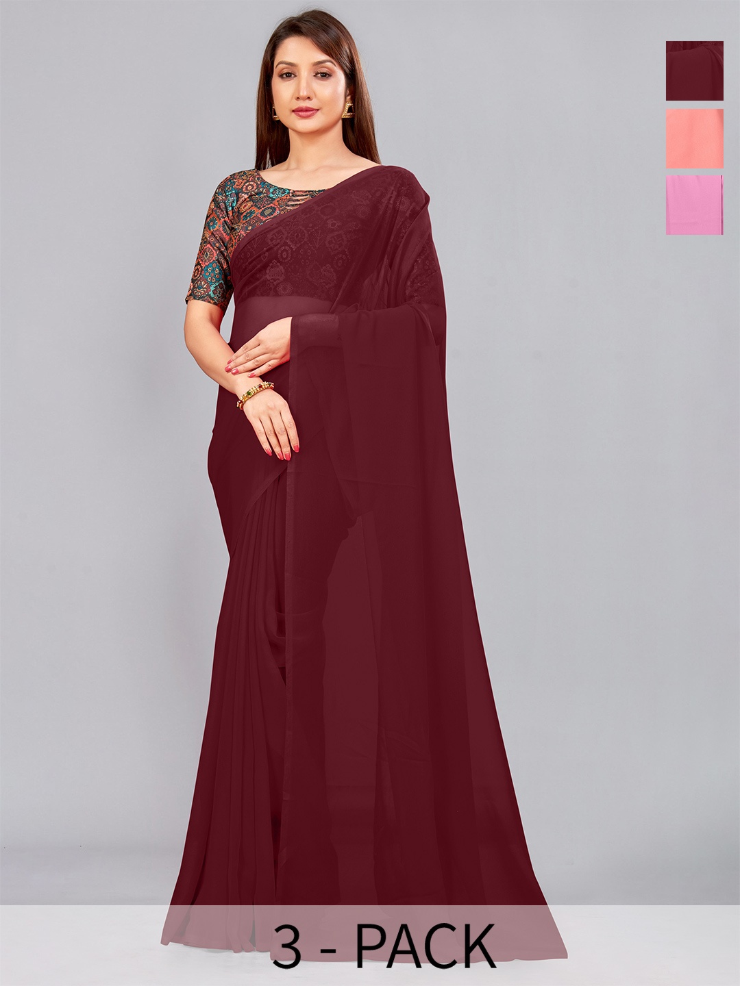 

CastilloFab Pack Of 3 Pure Georgette Saree, Maroon