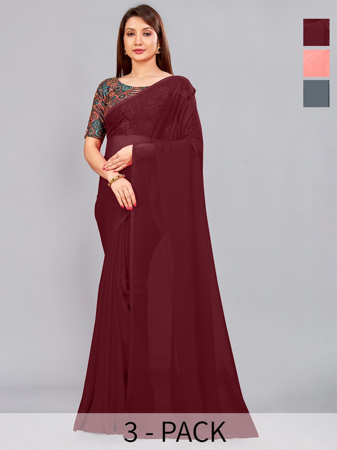 

CastilloFab Pack Of 3 Pure Georgette Saree, Maroon