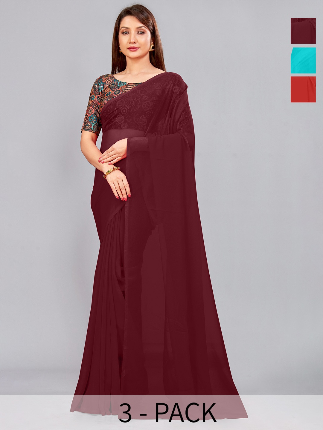 

CastilloFab Pack Of 3 Pure Georgette Sarees, Maroon