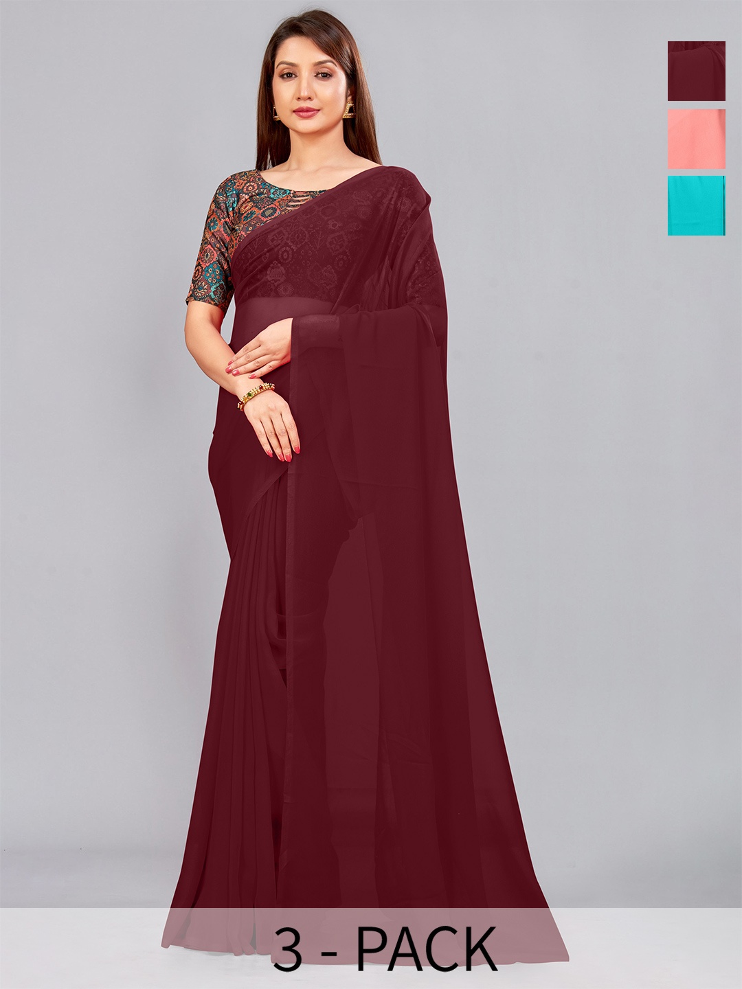 

CastilloFab Selection of 3 Pure Georgette Saree, Maroon