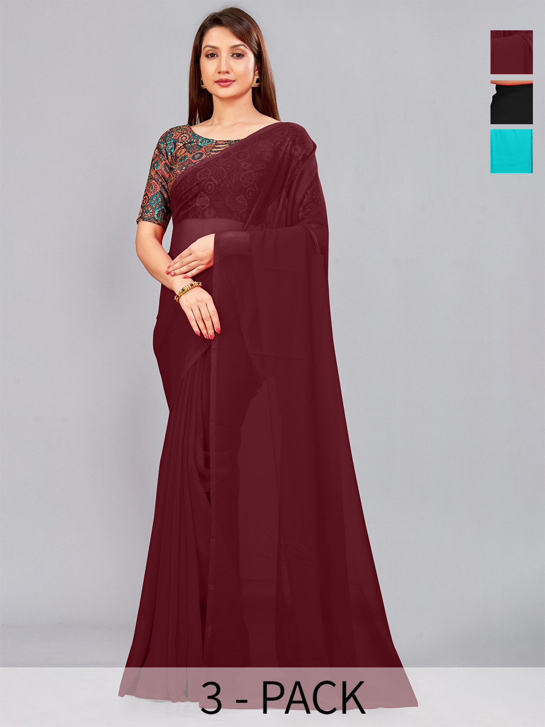

CastilloFab Selection of 3 Pure Georgette Saree, Maroon