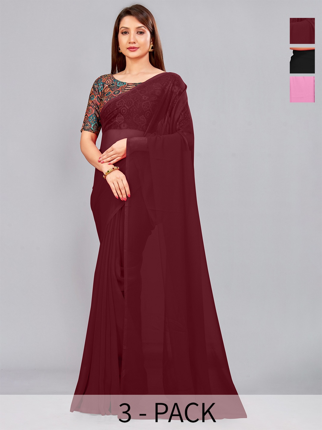 

CastilloFab Pack Of 3 Pure Georgette Saree, Maroon