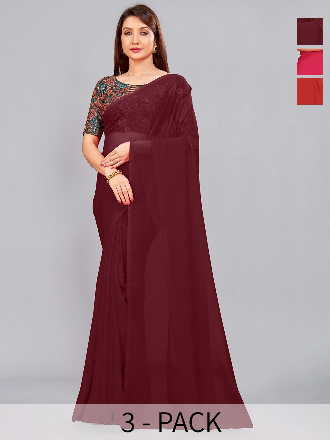 

CastilloFab Selection of 3 Pure Georgette Saree, Maroon