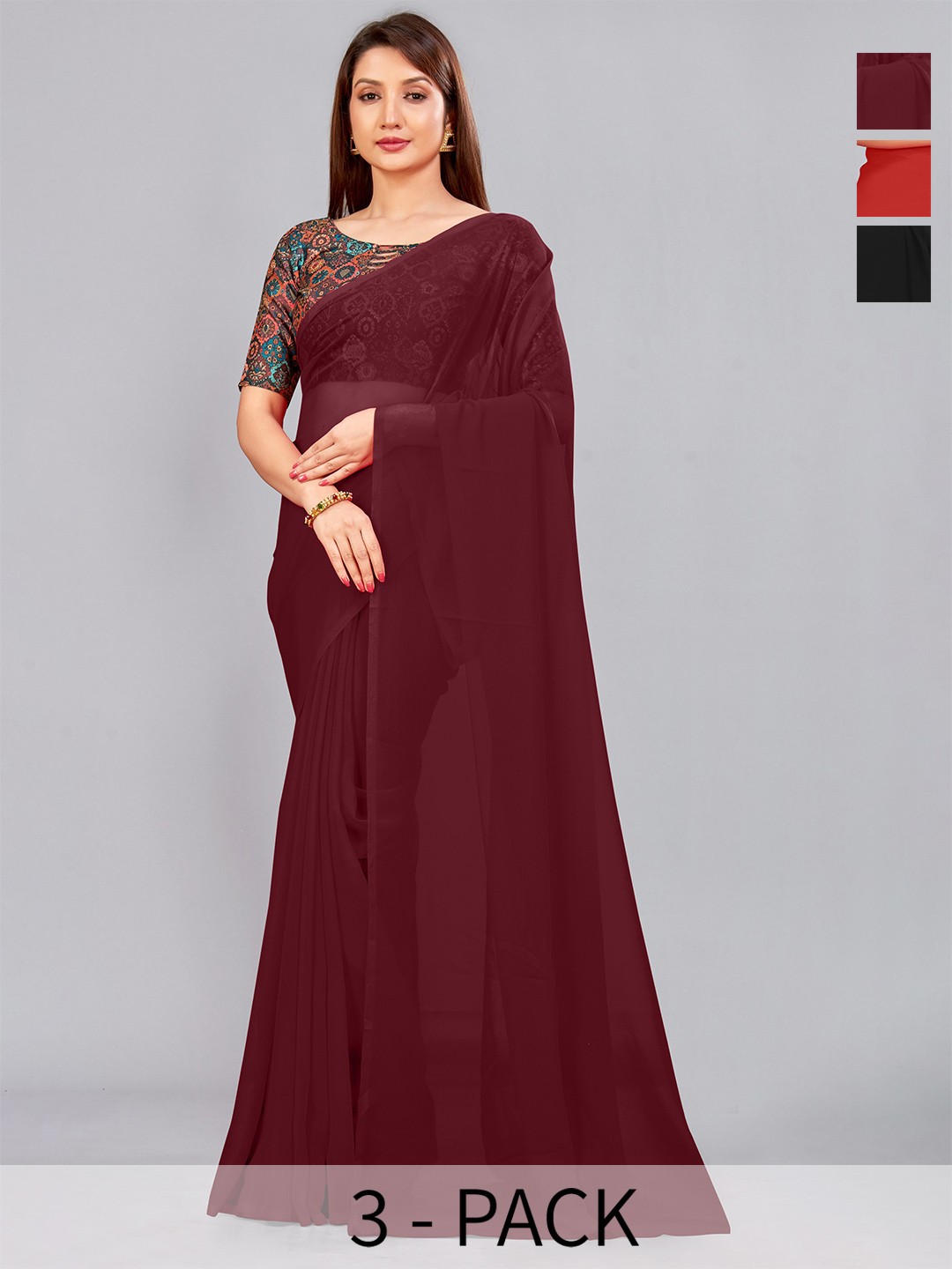 

CastilloFab Pack Of 3 Pure Georgette Saree, Maroon
