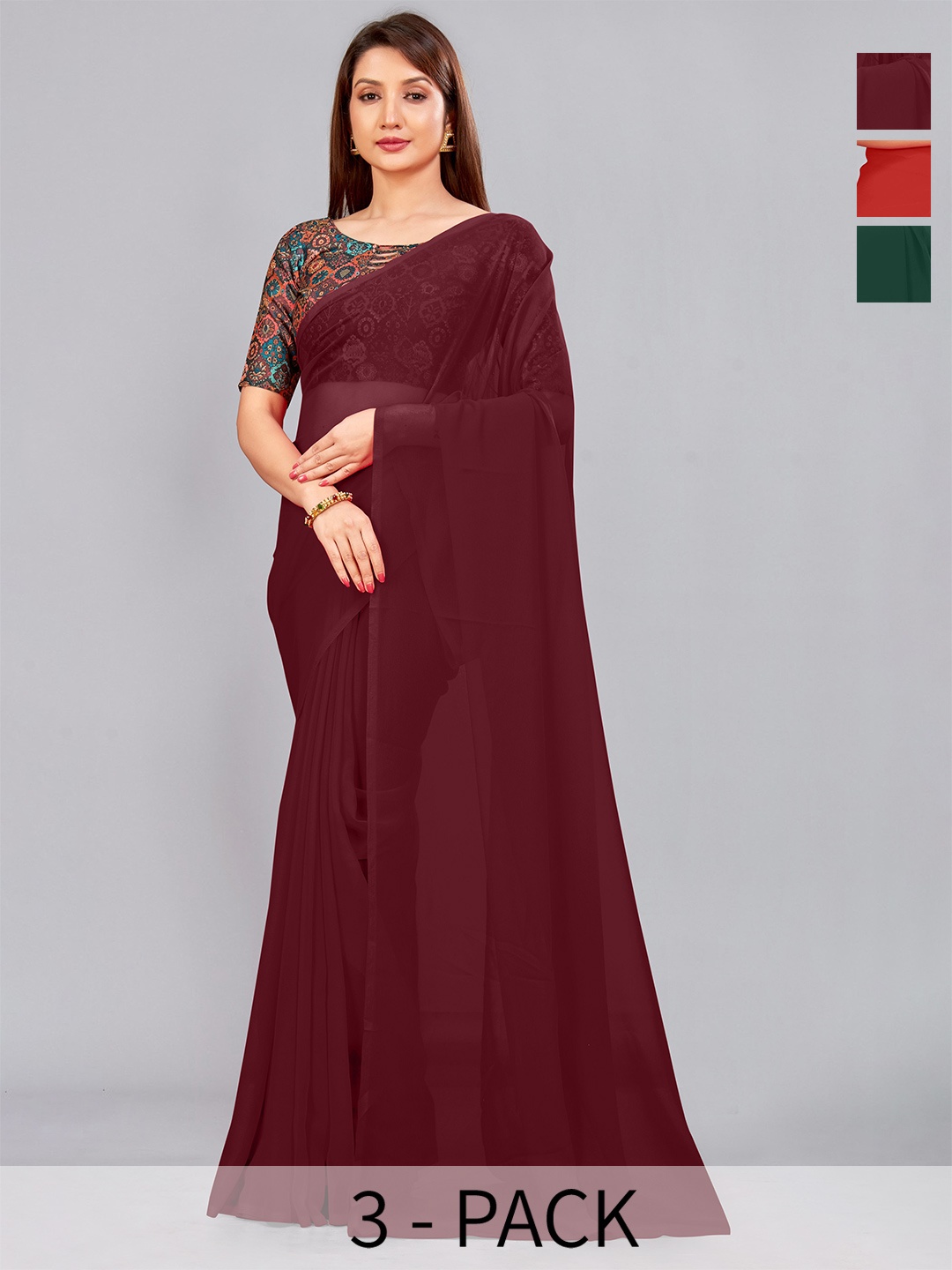 

CastilloFab Selection of 3 Pure Georgette Saree, Maroon
