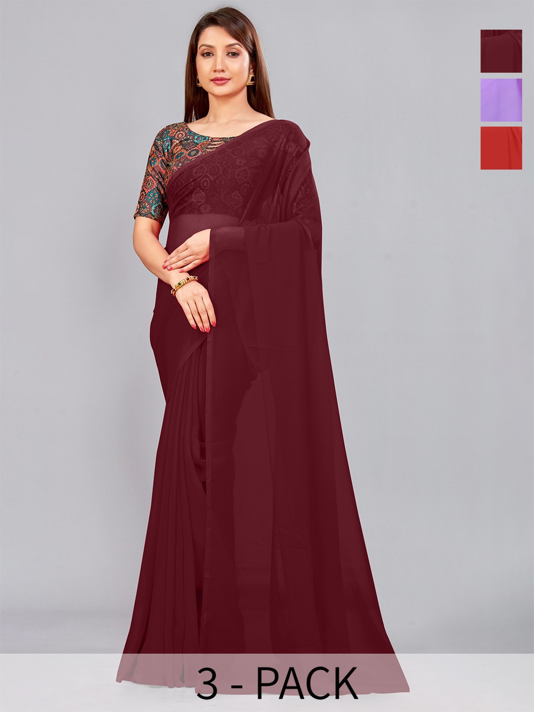 

CastilloFab Selection of 3 Pure Georgette Saree, Maroon