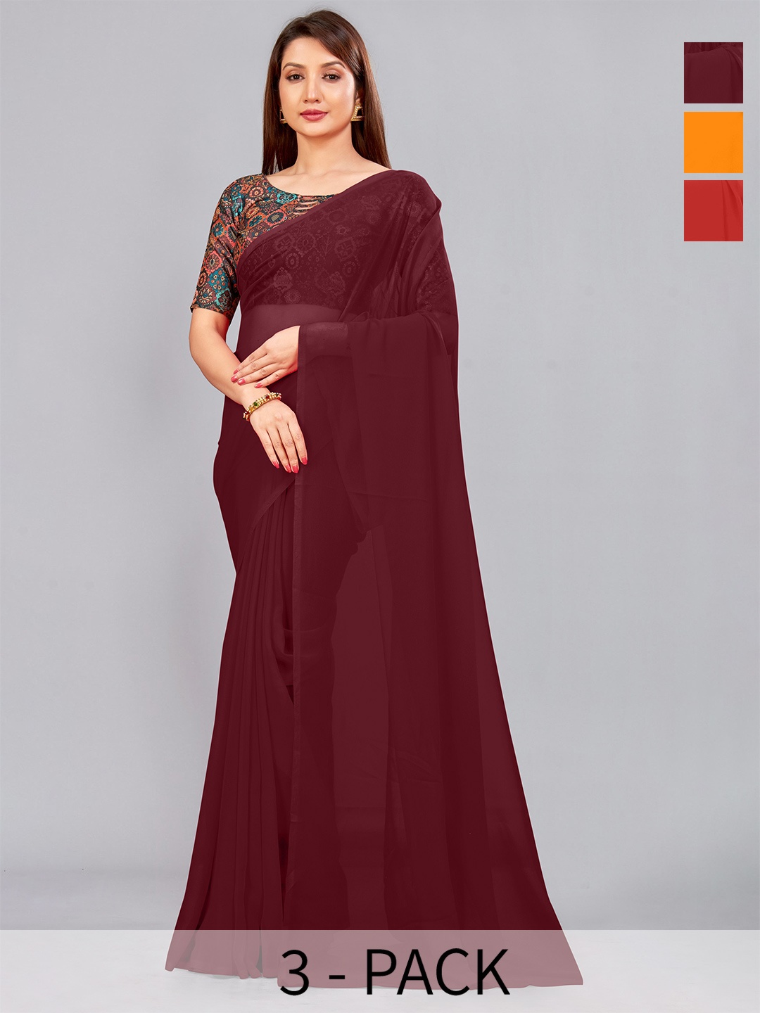 

CastilloFab Pack Of 3 Pure Georgette Saree, Maroon