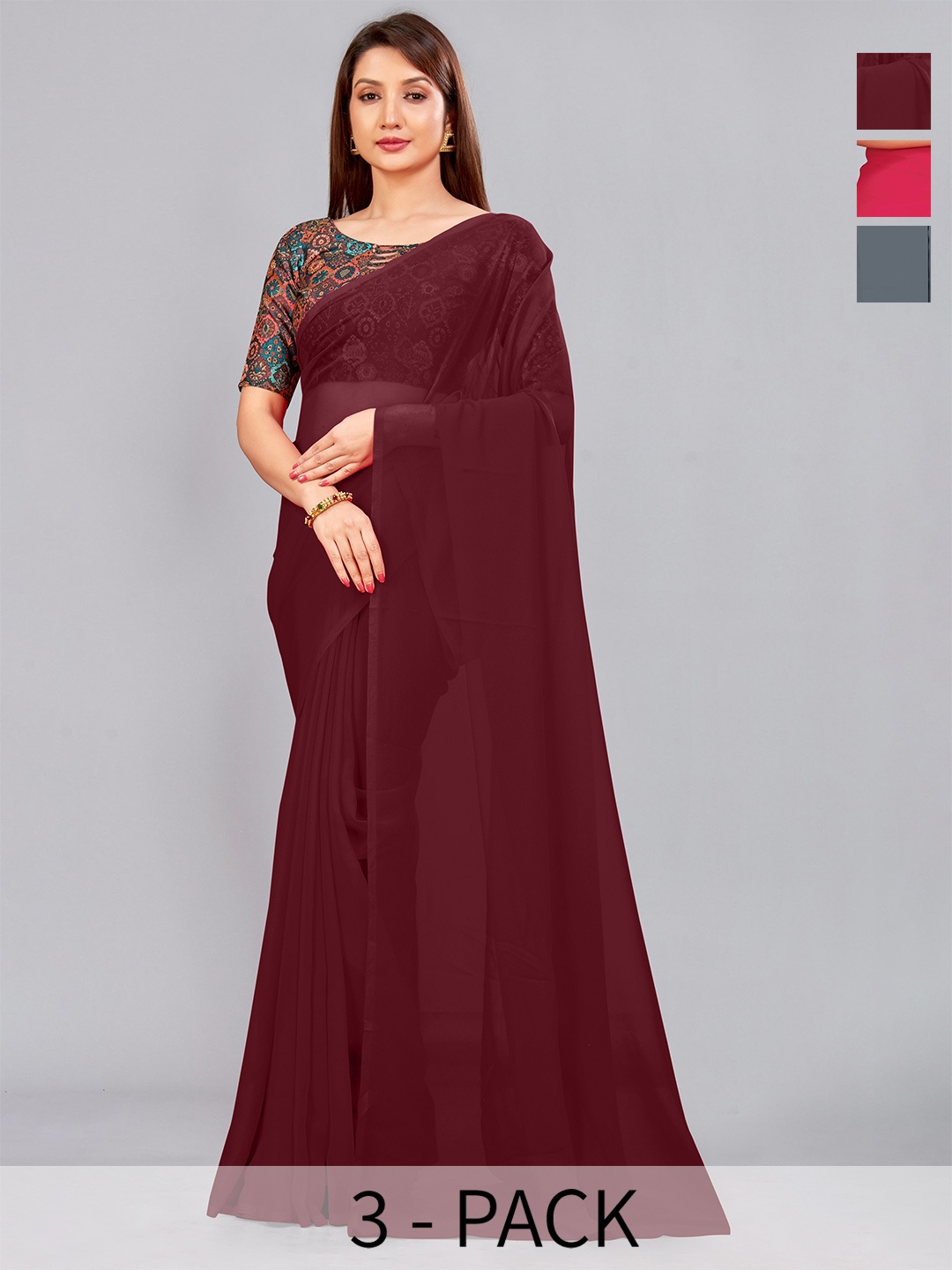 

CastilloFab Selection of 3 Pure Georgette Saree, Maroon