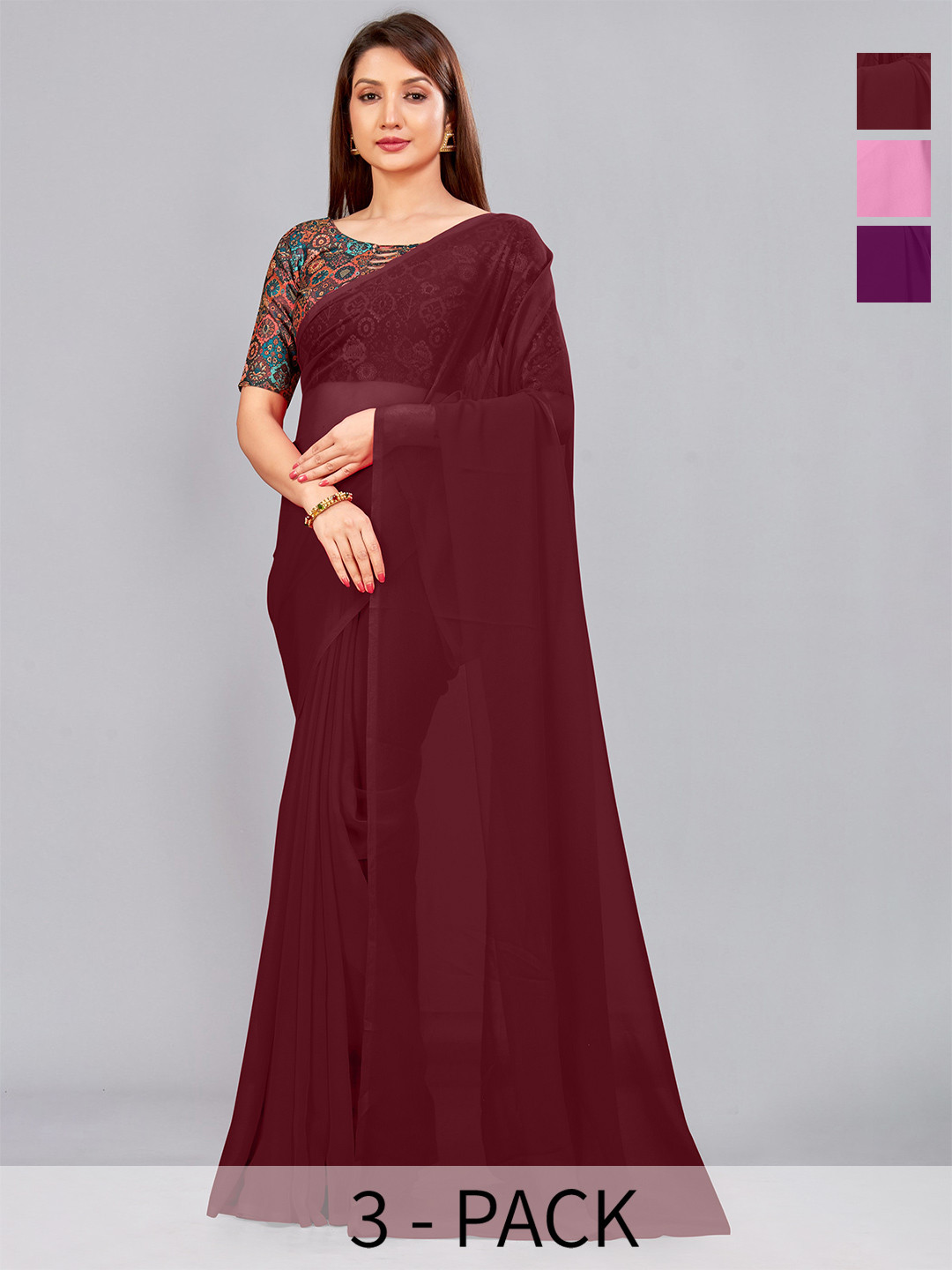 

CastilloFab Pack Of 3 Pure Georgette Saree, Maroon