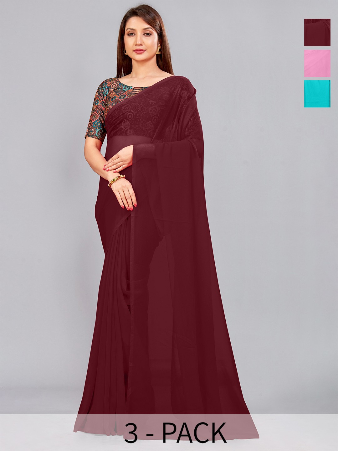 

CastilloFab Selection Of 3 Pure Georgette Saree, Maroon