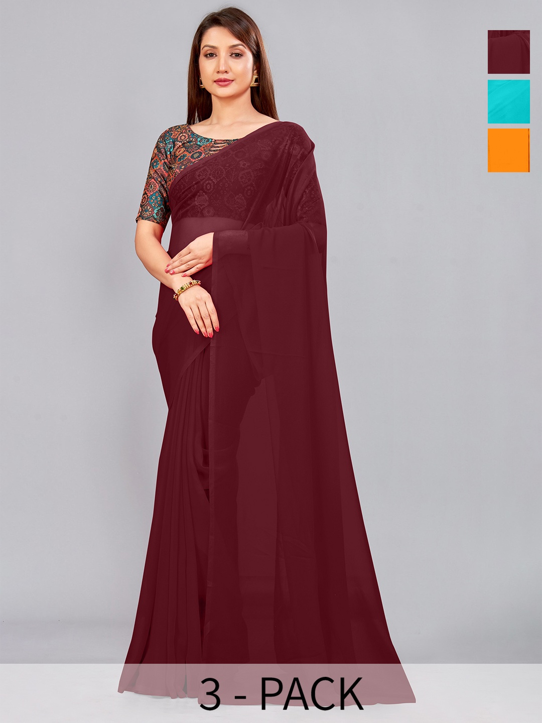 

CastilloFab Selection of 3 Pure Georgette Sarees, Maroon
