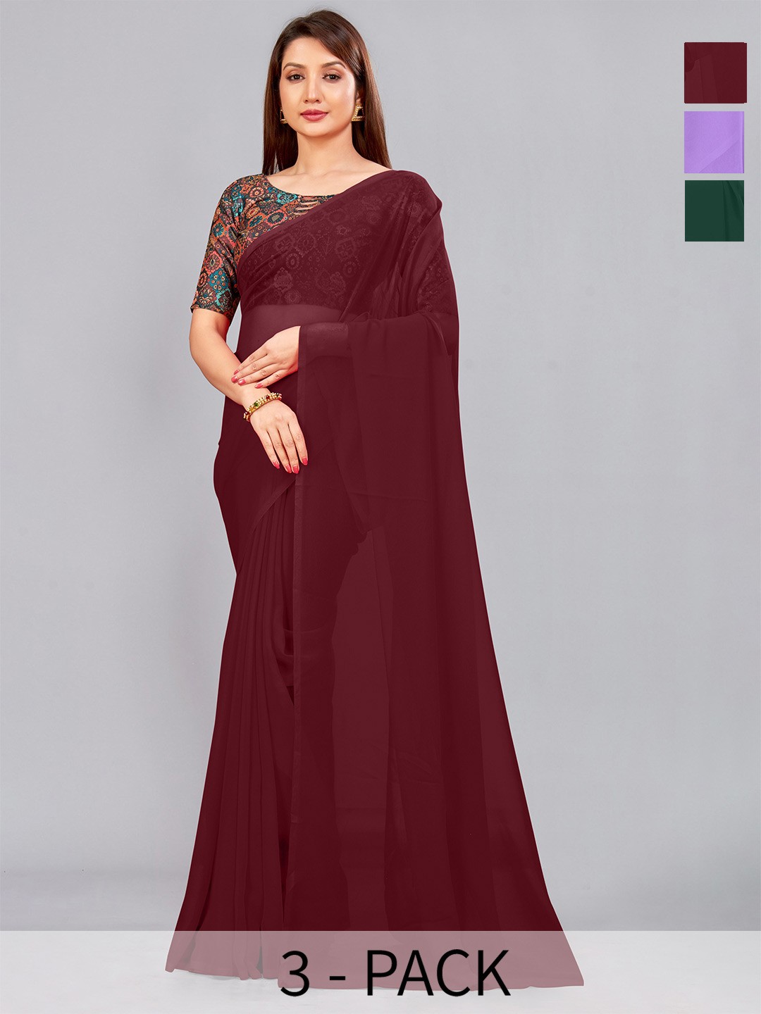

CastilloFab Selection of 3 Pure Georgette Saree, Maroon