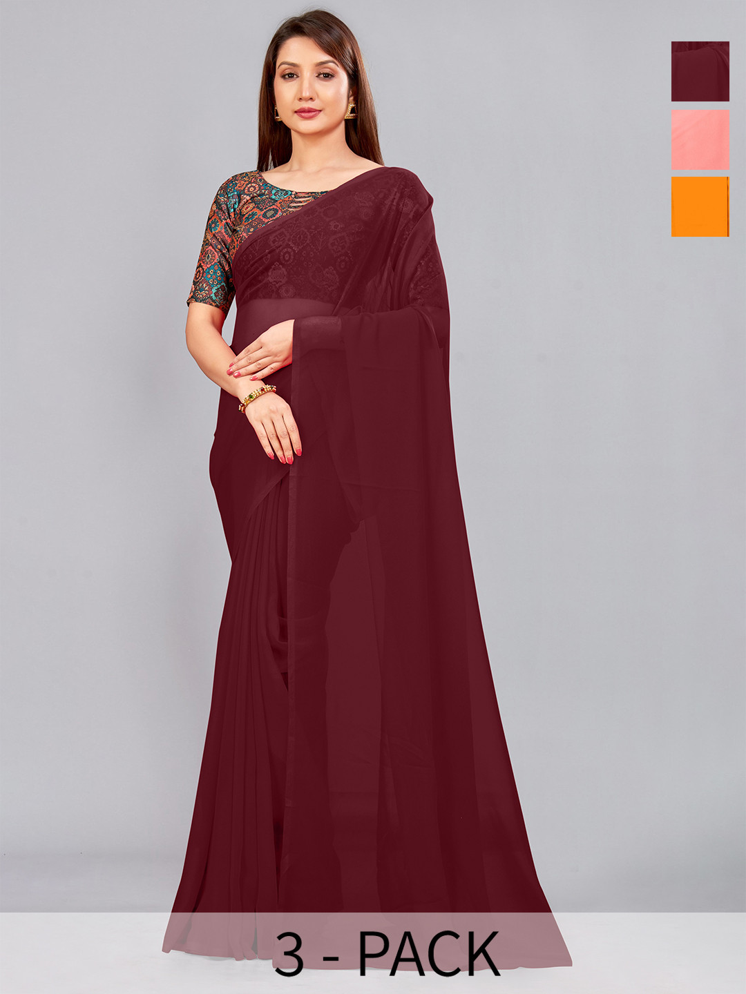 

CastilloFab Selection Of 3 Pure Georgette Sarees, Maroon