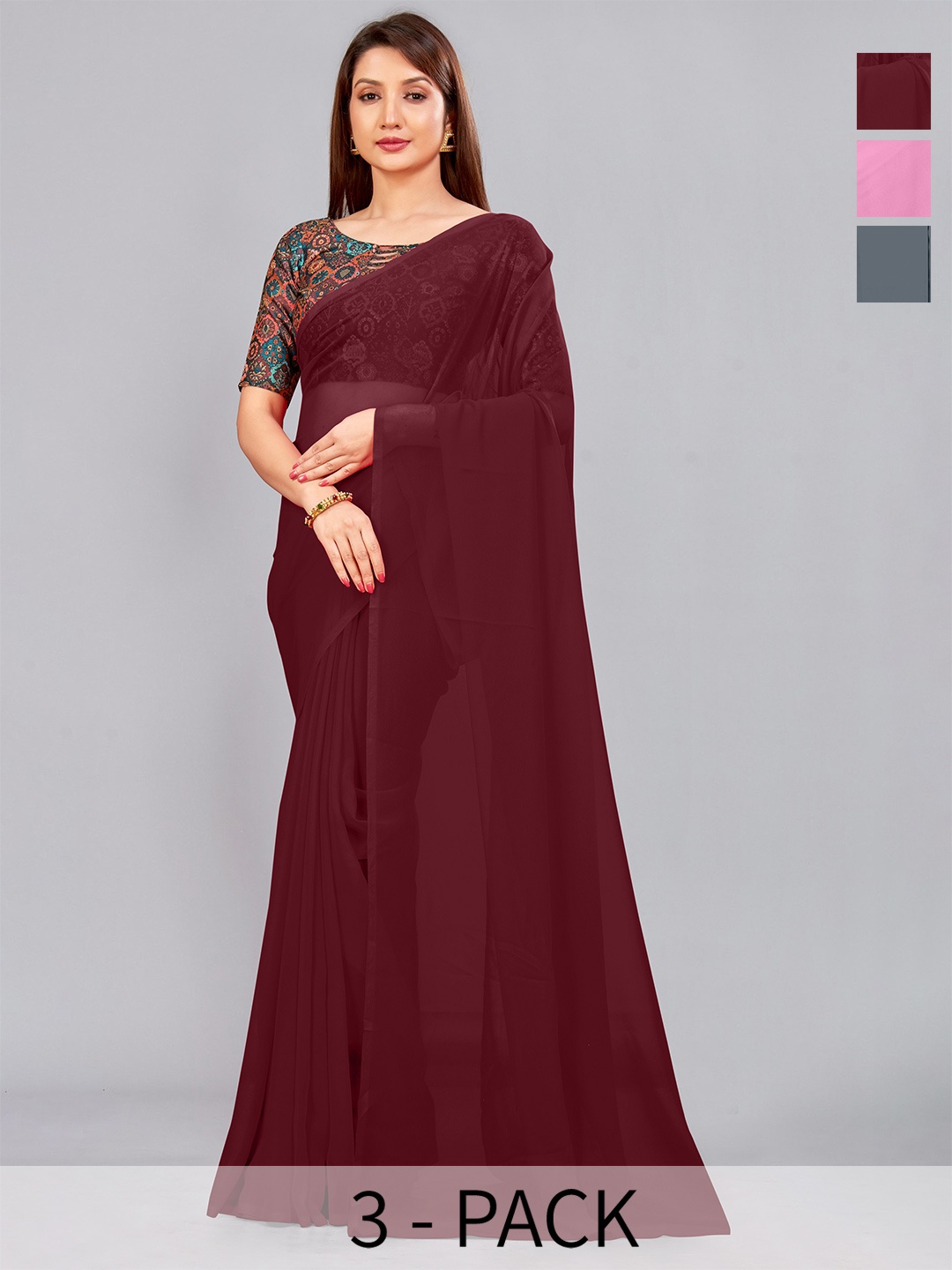 

CastilloFab Pack Of 3 Pure Georgette Saree, Maroon