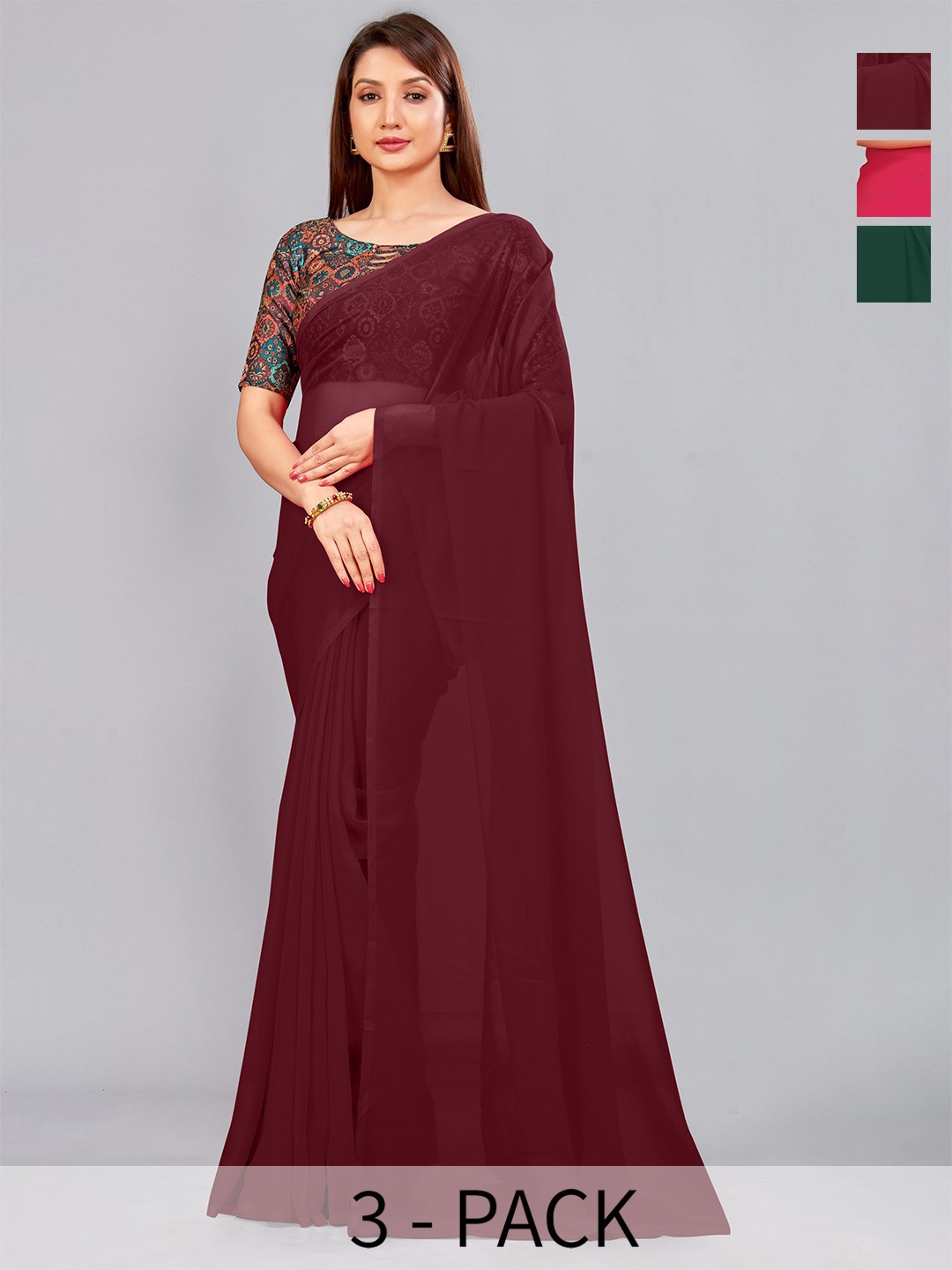 

CastilloFab Selection of 3 Pure Georgette Saree, Maroon