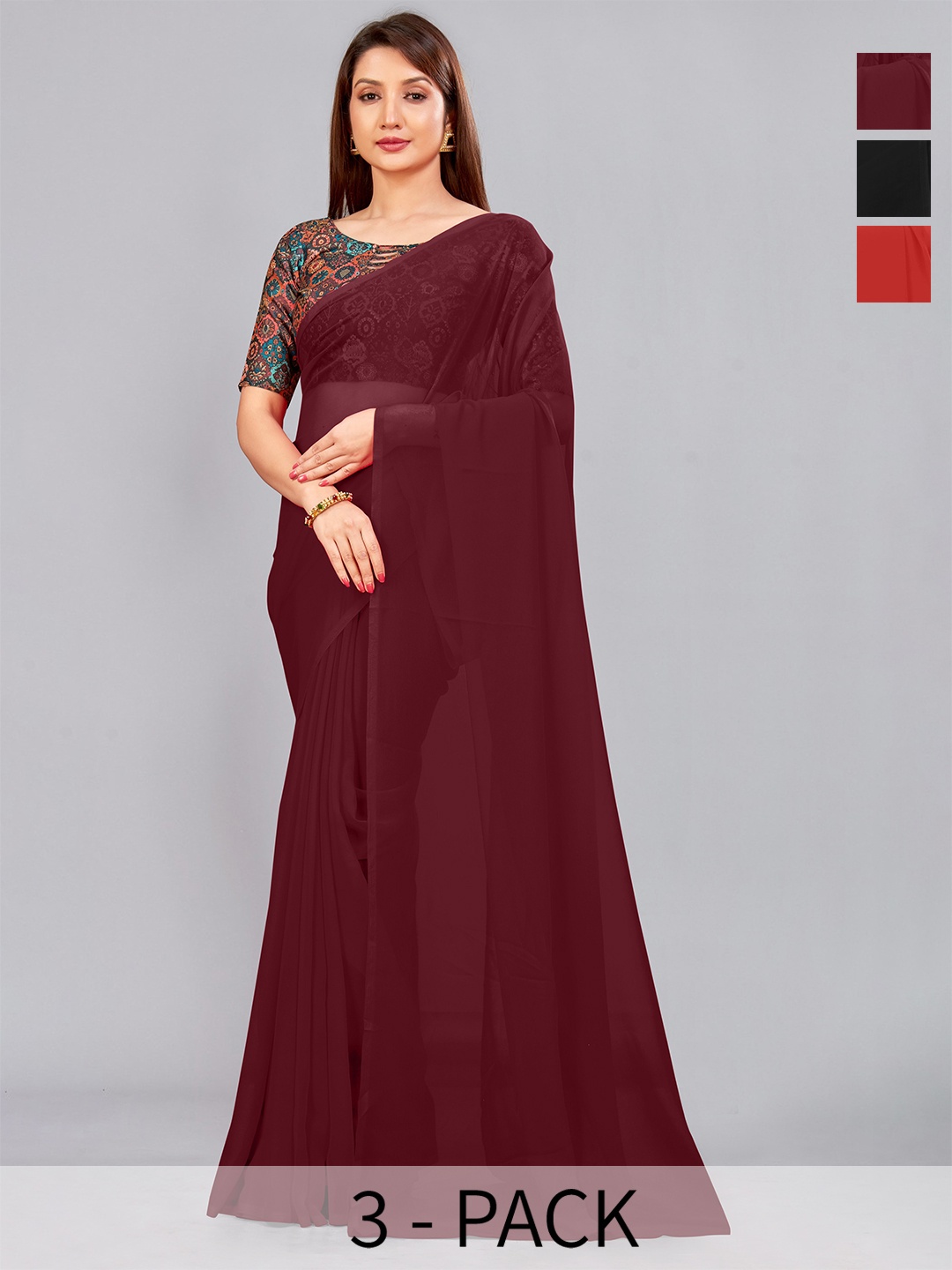 

CastilloFab Selection Of 3 Pure Georgette Sarees, Maroon