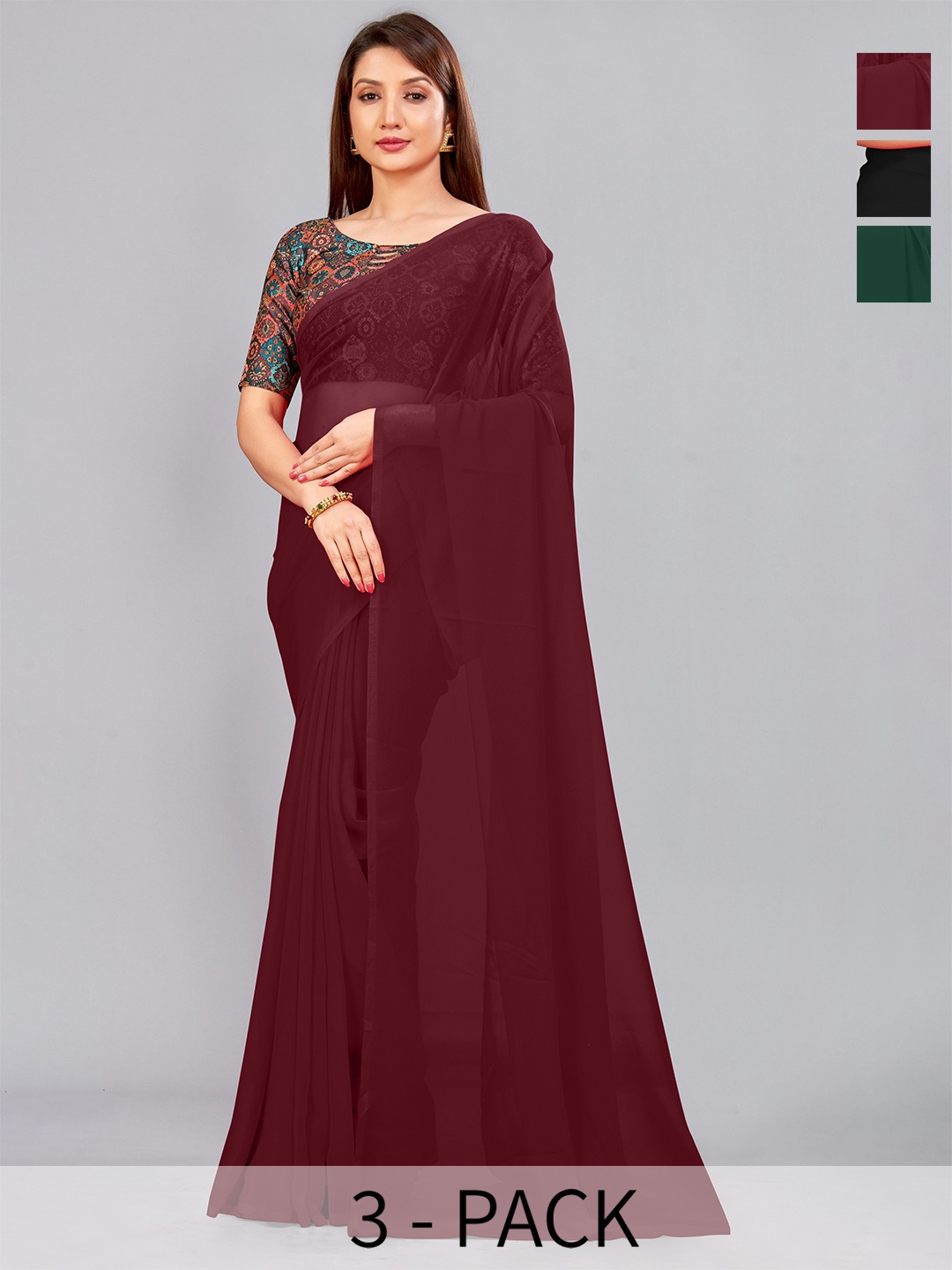

CastilloFab Selection of 3 Pure Georgette Saree, Maroon
