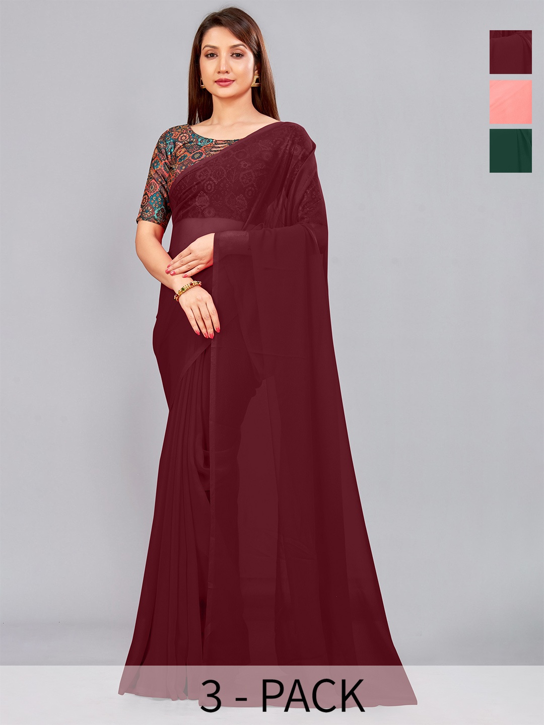 

CastilloFab Selection of 3 Pure Georgette Saree, Maroon
