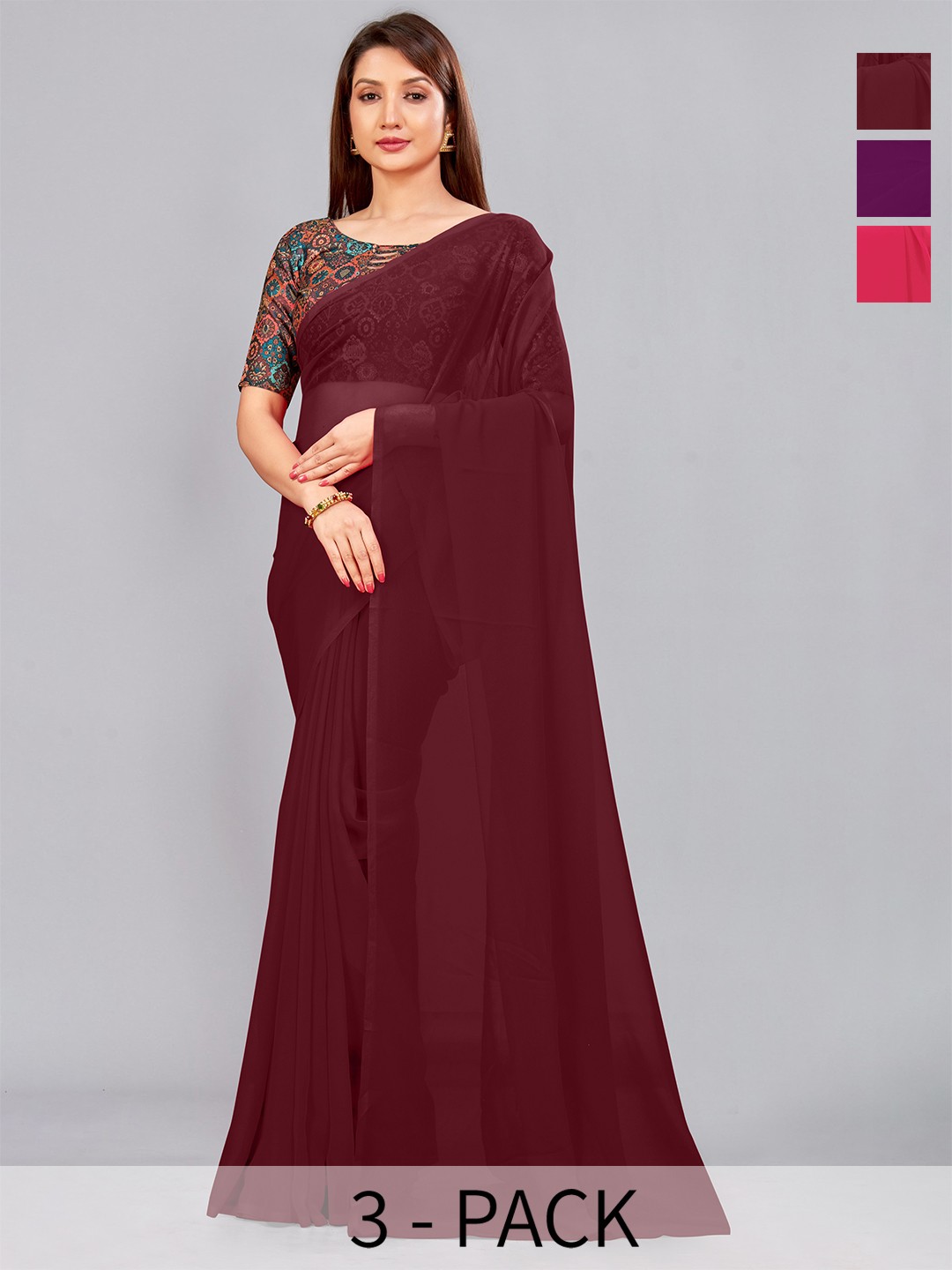 

CastilloFab Selection of 3 Pure Georgette Sarees, Maroon