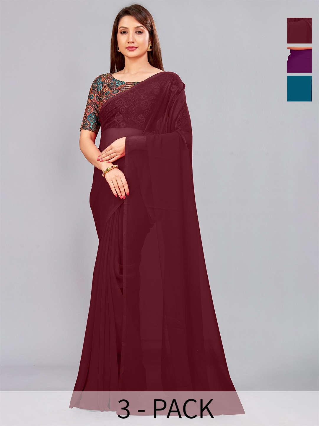 

CastilloFab Pack Of 3 Pure Georgette Sarees, Maroon