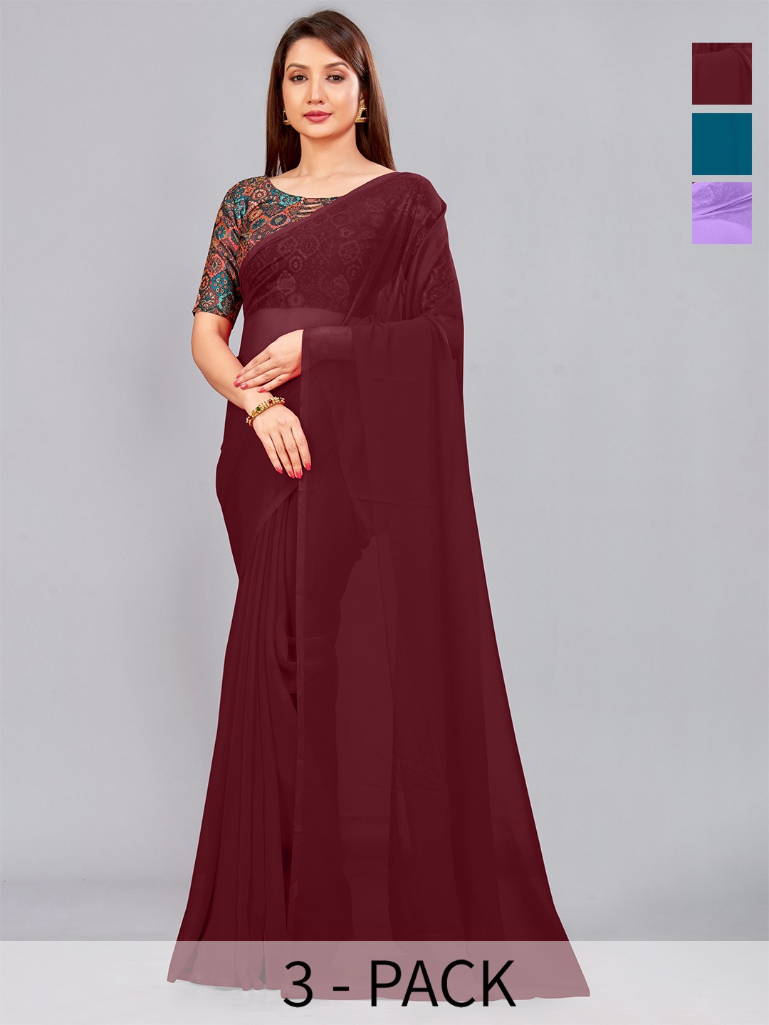 

CastilloFab Pack Of 3 Pure Georgette Saree, Maroon