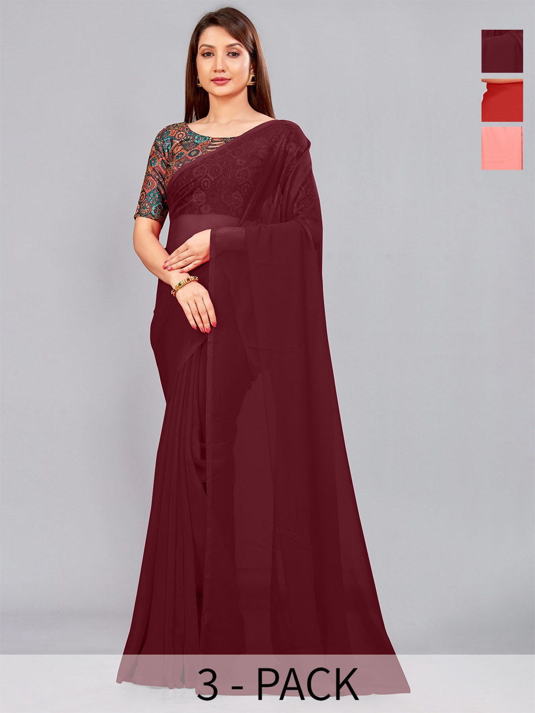 

CastilloFab Pack Of 3 Pure Georgette Sarees, Maroon