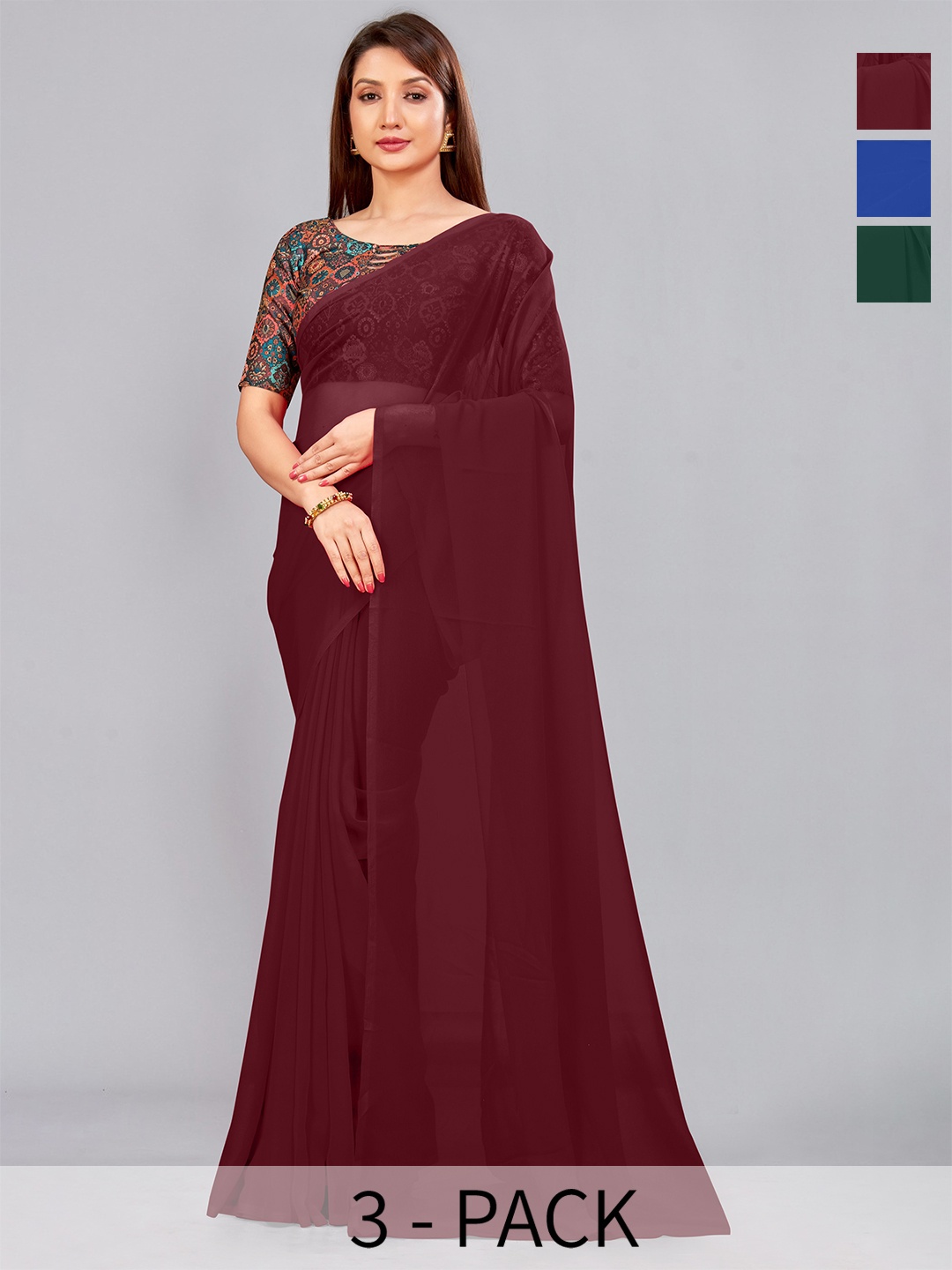 

CastilloFab Selection of 3 Pure Georgette Sarees, Maroon