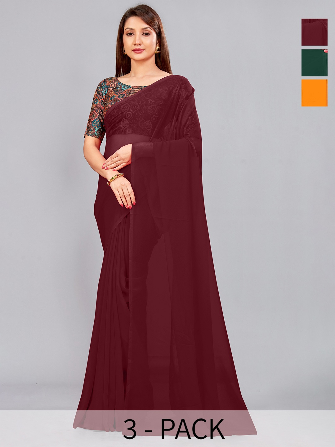 

CastilloFab Selection of 3 Pure Georgette Saree, Maroon