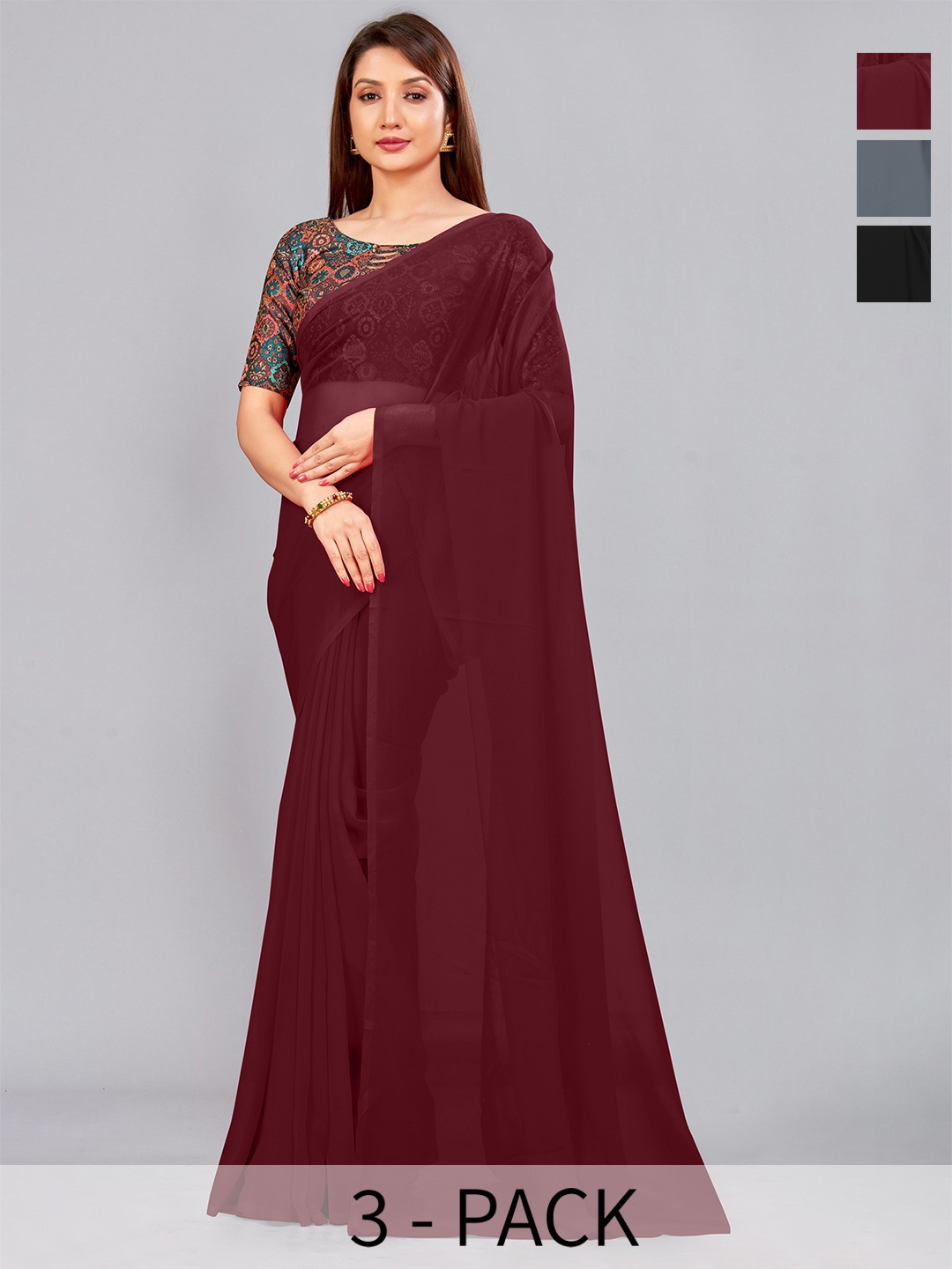 

CastilloFab Selection Of 3 Pure Georgette Sarees, Maroon