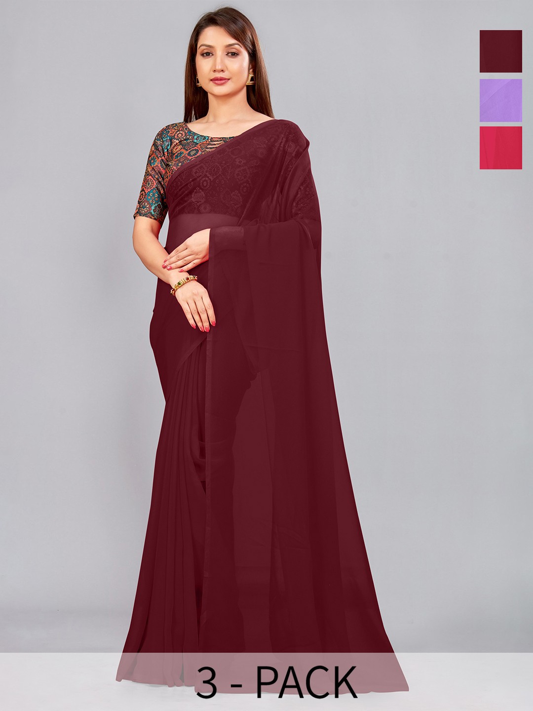 

CastilloFab Section of 3 Pure Georgette Sarees, Maroon