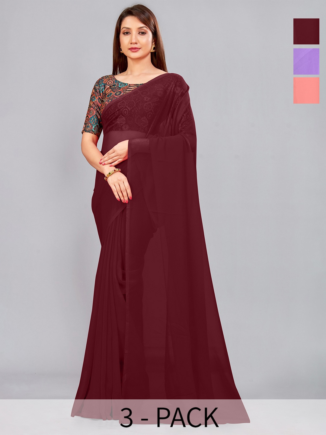 

CastilloFab Selection Of 3 Pure Georgette Saree, Maroon