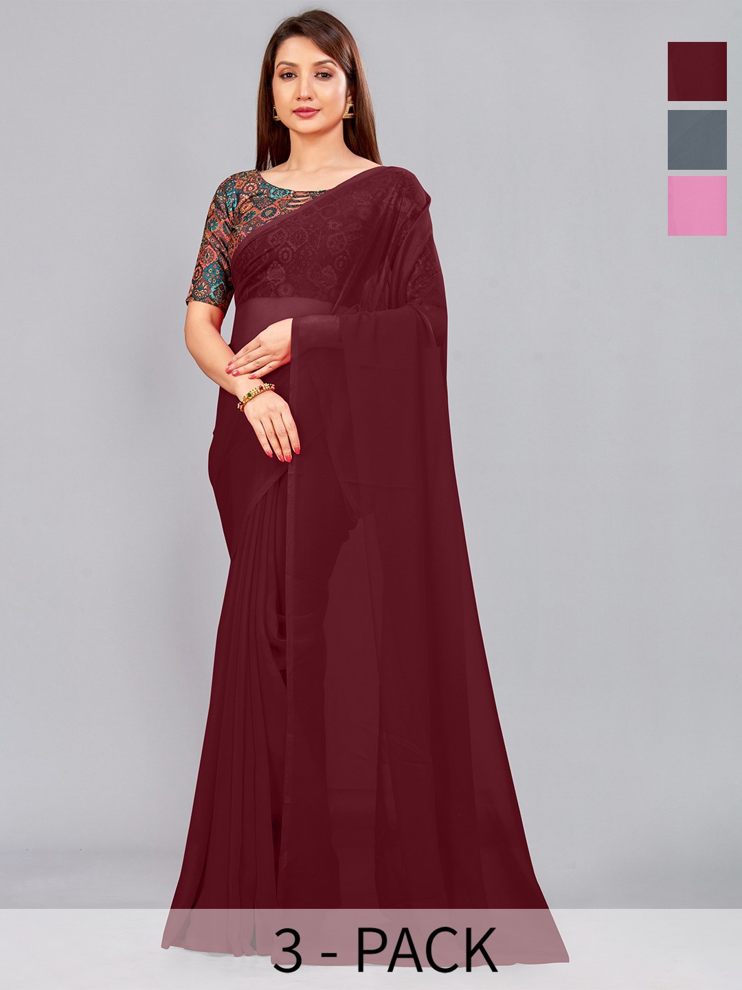 

CastilloFab Selection of 3 Pure Georgette Sarees, Maroon