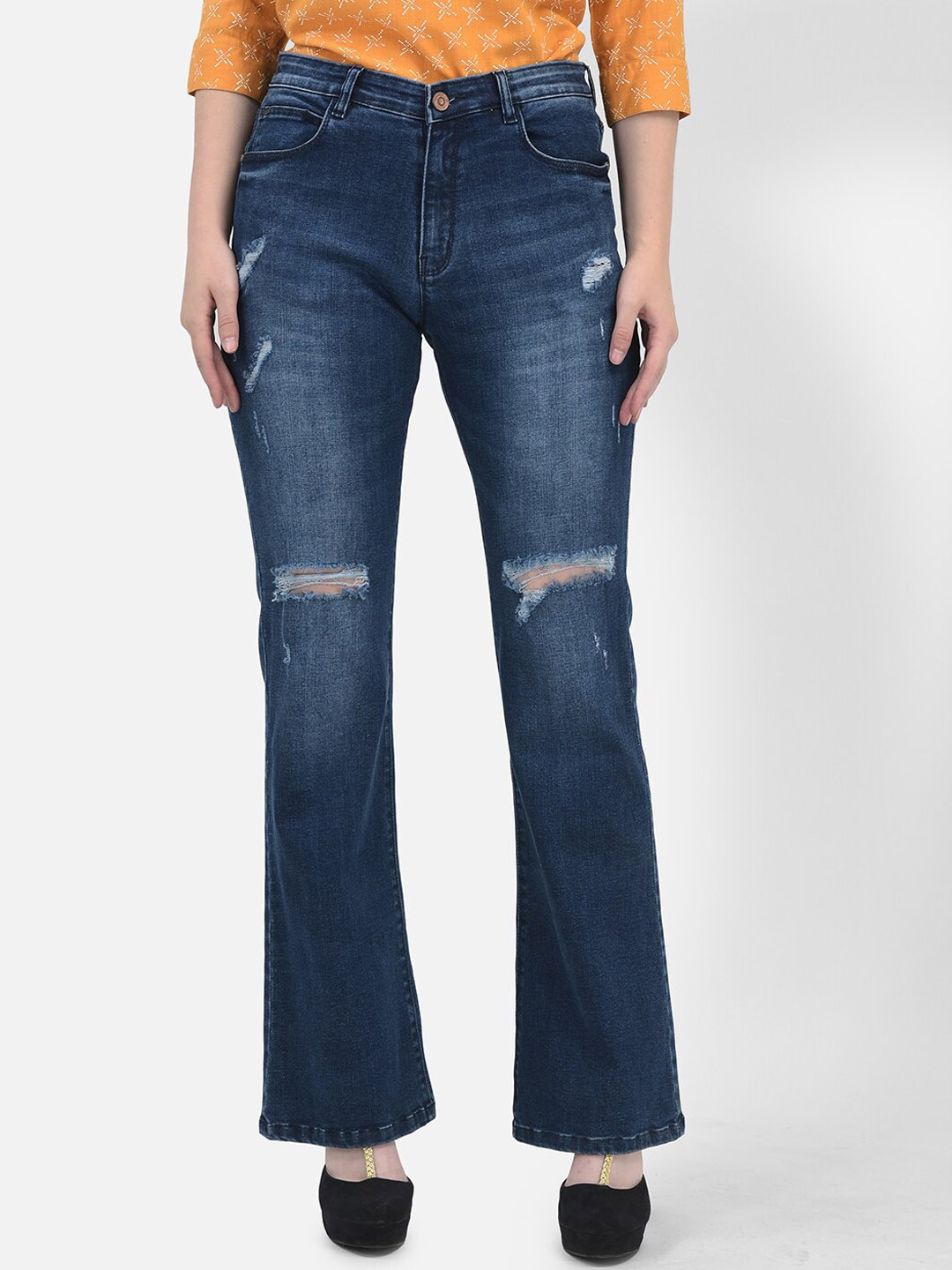 

Crimsoune Club Women Bootcut Mildly Distressed Light Fade Stretchable Jeans, Blue