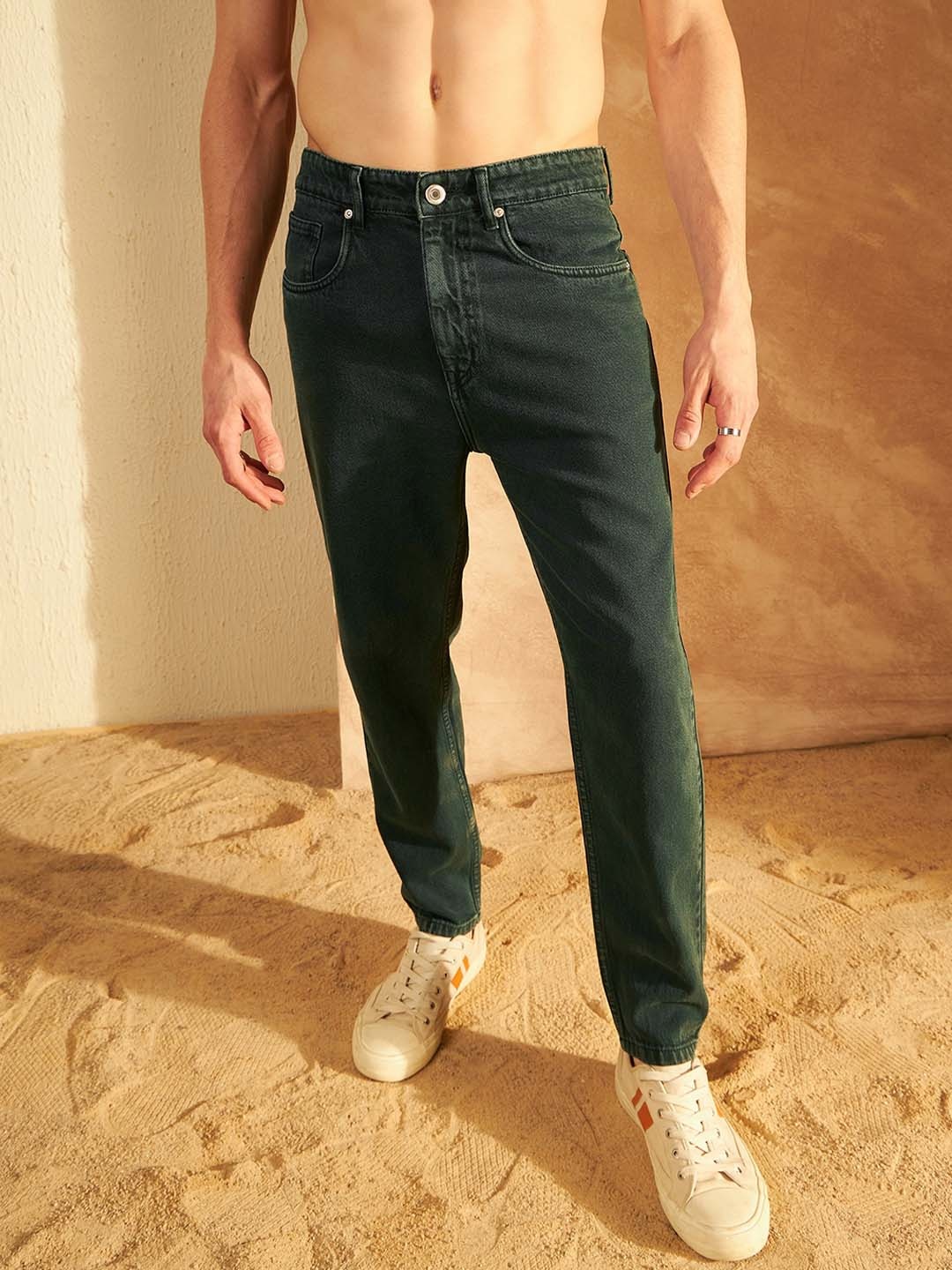 

DENNISON Men Comfort Mom Fit Clean Look Cotton Jeans, Green