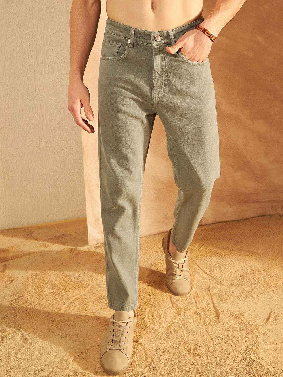 

DENNISON Men Comfort Mom Fit Clean Look Cotton Jeans, Olive