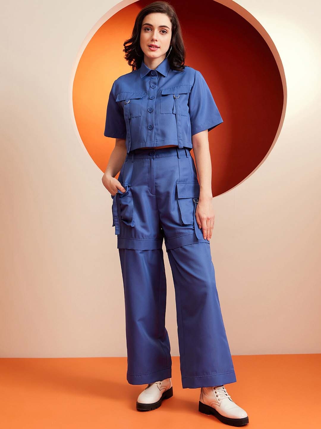 

KASSUALLY Flap Pocket Detailed Cargo Cropped Shirt With Trousers, Blue