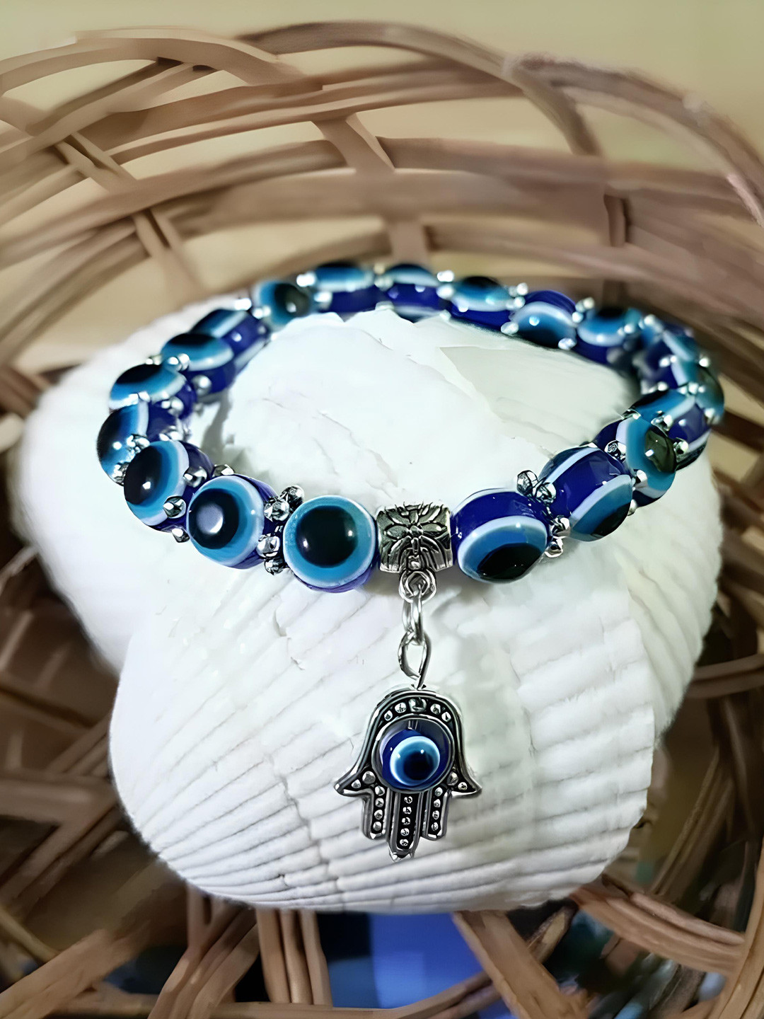 

KARISHMA KREATIONS Unisex Set of 2 Glow In the Dark & Evil Eye Elasticated Bracelets, Blue