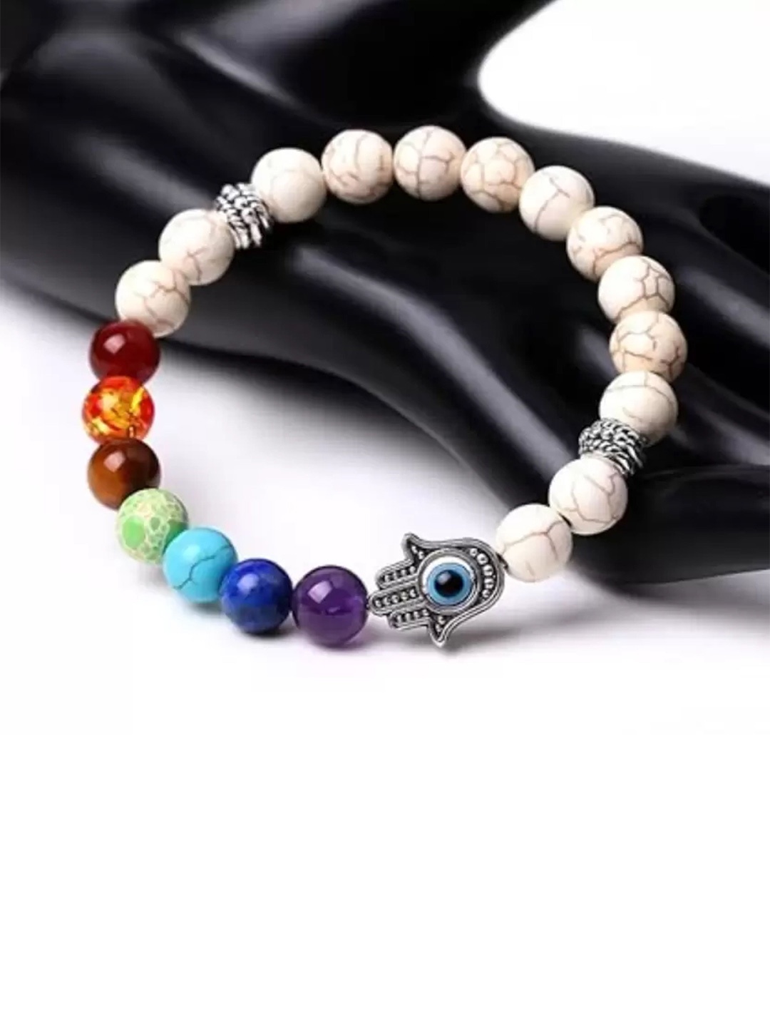 

KARISHMA KREATIONS Unisex Set Of 2 Beaded Elasticated Bracelet, Silver