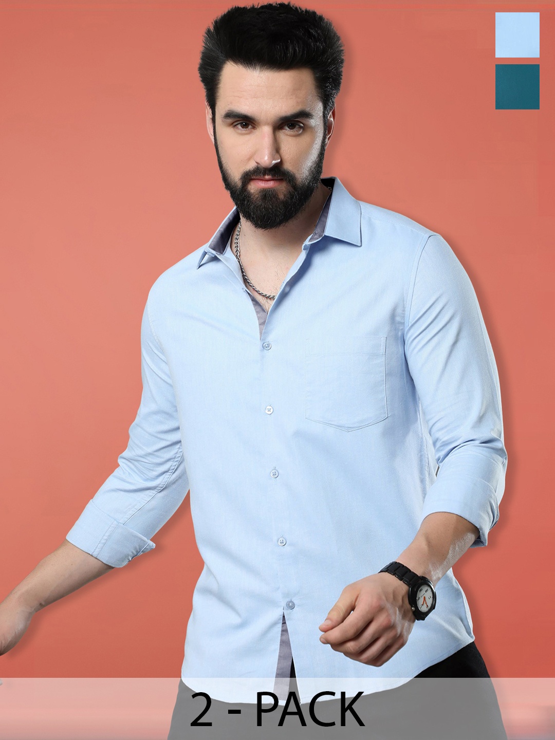 

1 Stop Fashion Pack Of 2 Standard Regular Fit Cotton Formal Shirts, Blue