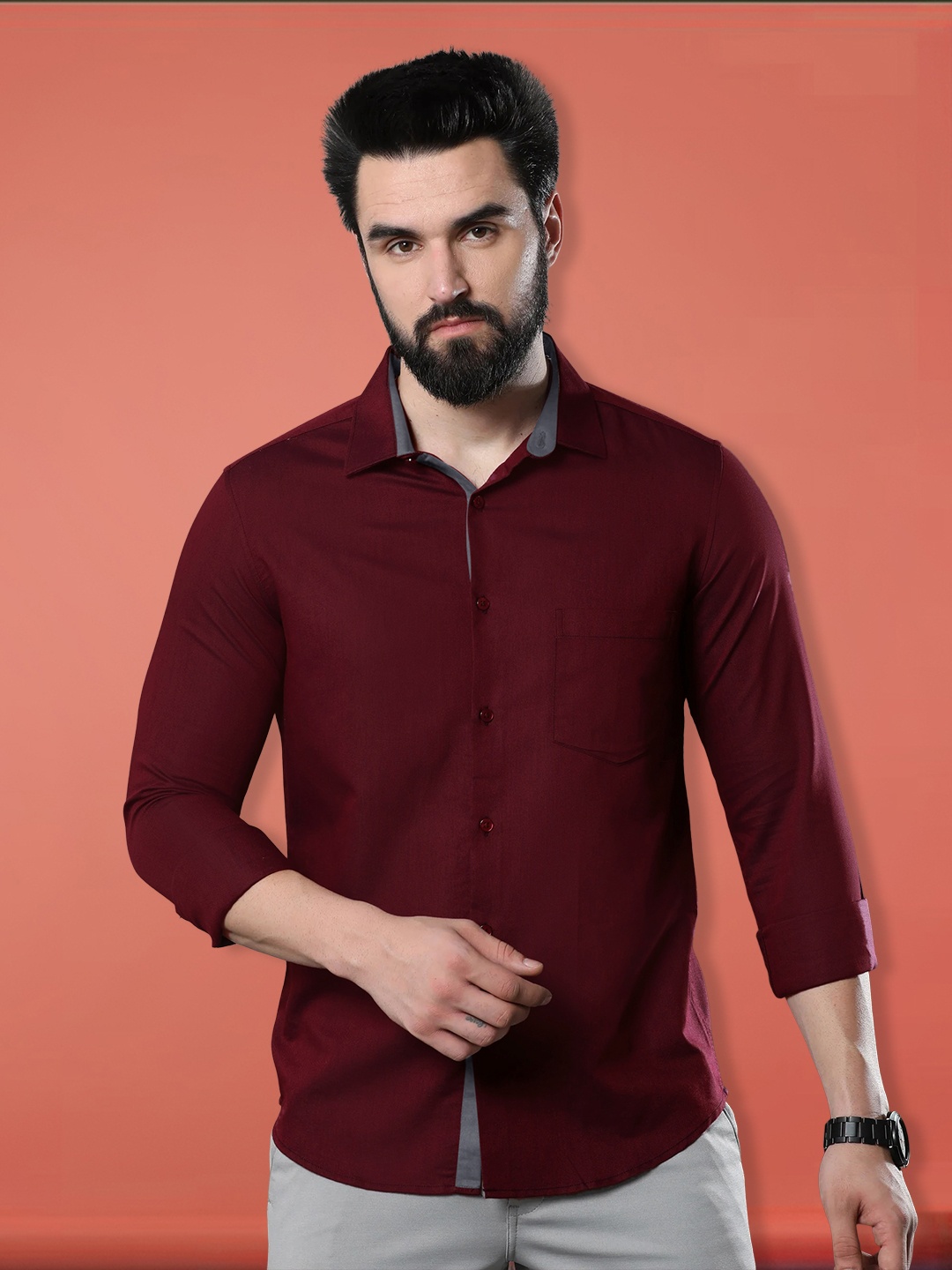 

1 Stop Fashion Pack of 2 Spread Collar Long Sleeve Cotton Formal Shirt, Red