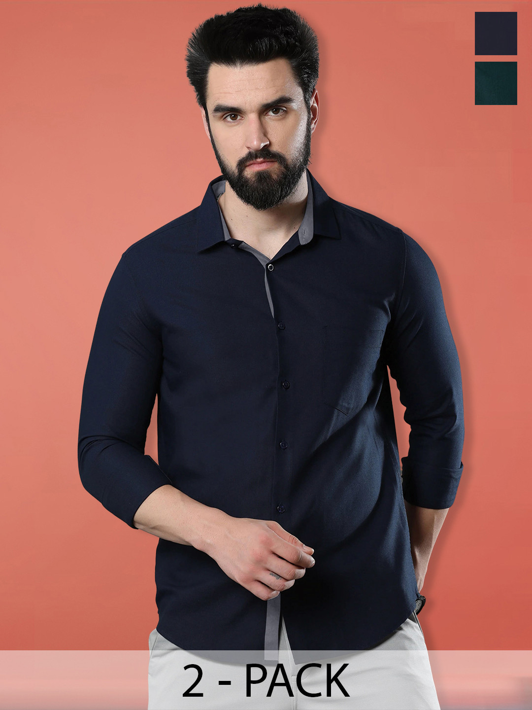 

1 Stop Fashion Pack of 2 Spread Collar Long Sleeve Cotton Formal Shirt, Black