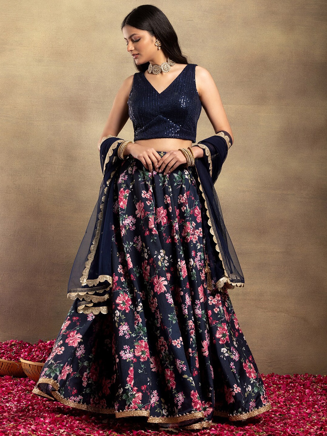 

Indya Luxe Embellished Ready to Wear Lehenga & Blouse With Dupatta, Blue