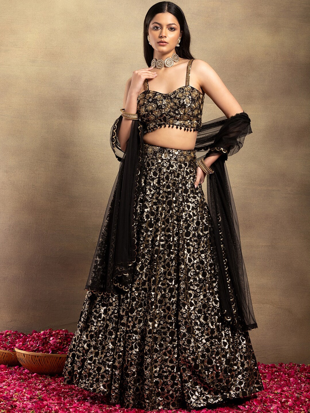 

Indya Luxe Embellished Ready to Wear Lehenga & Blouse With Dupatta, Black