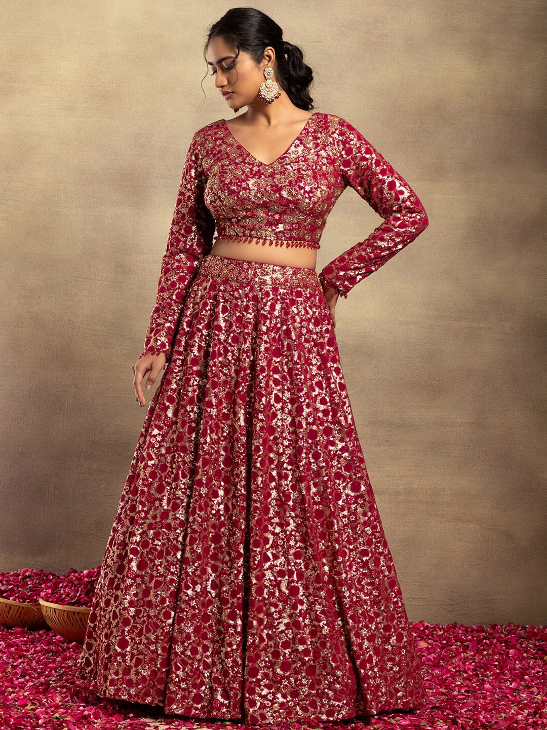 

Indya Luxe Embellished Ready to Wear Lehenga & Blouse With Dupatta, Pink