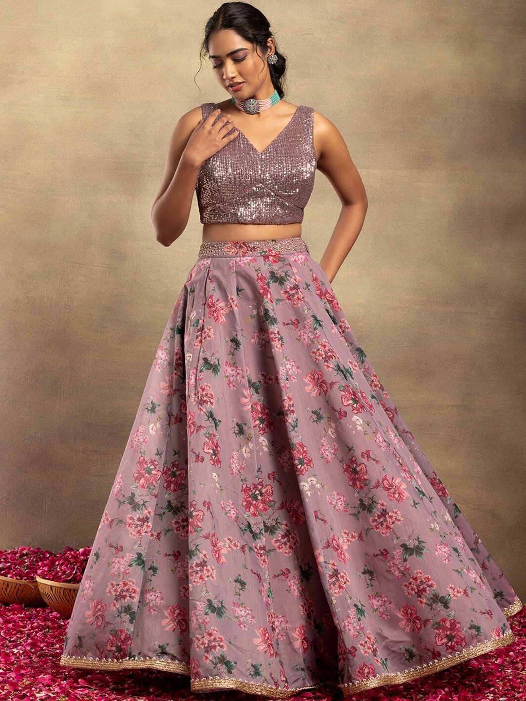 

Indya Luxe Embellished Ready to Wear Lehenga & Blouse With Dupatta, Pink