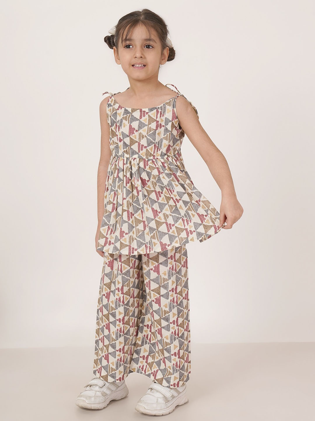 FABRIC FITOOR Girls Geometric Printed Pure Cotton Top & Palazzos, Grey