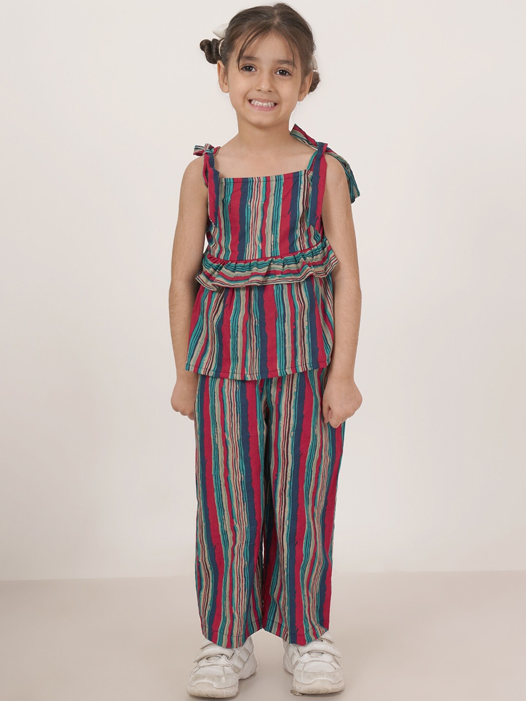 FABRIC FITOOR Girls Striped Pure Cotton Top with Palazzos, Red