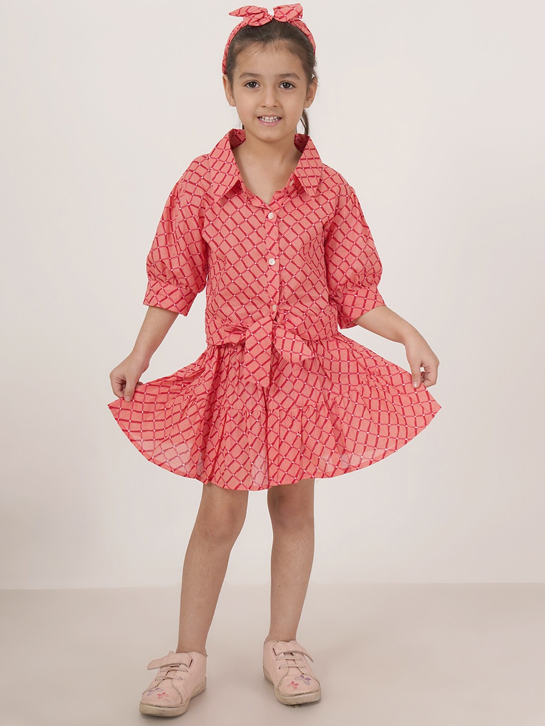 

FABRIC FITOOR Girls Checked Pure Cotton Top & Skirt, Red