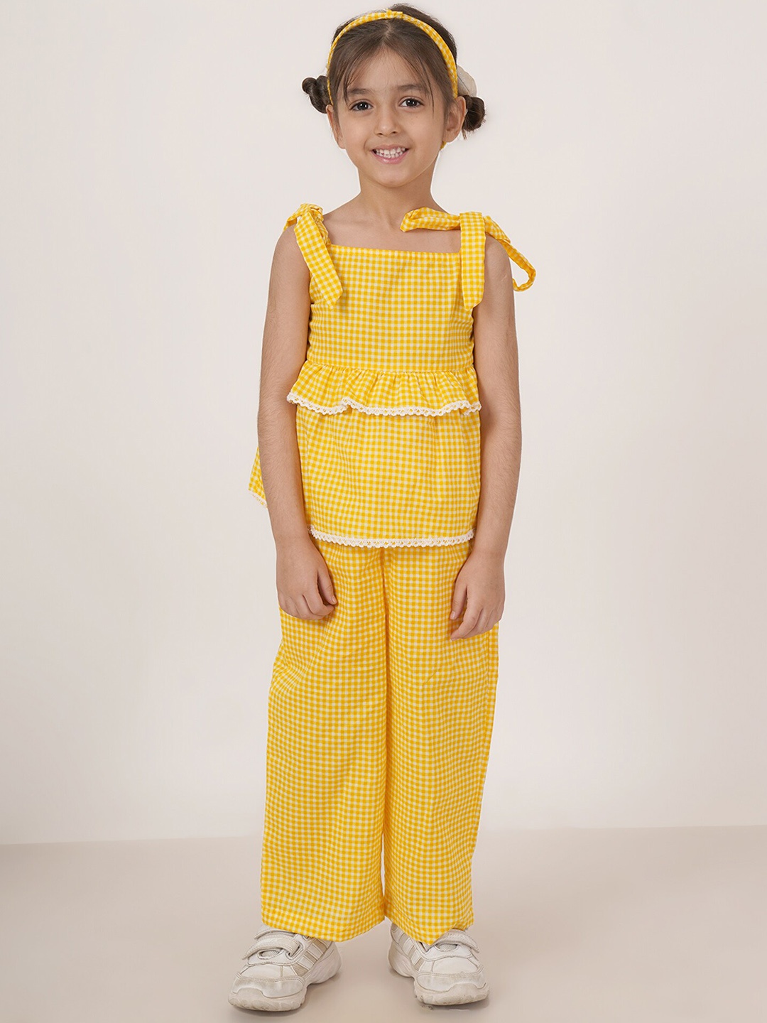 

Fabric Fitoor Girls Checked Pure Cotton Top & Trouser With Hairband, Yellow